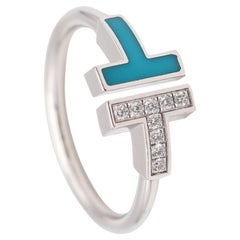 TIFFANY & CO. Blue Enameled Iconic T-Ring In 18Kt White Gold With VS Diamonds