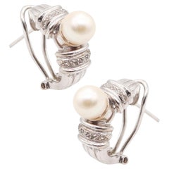 CLASSIC Italian Earrings In 14Kt White Gold With White Diamonds And Round Pearls