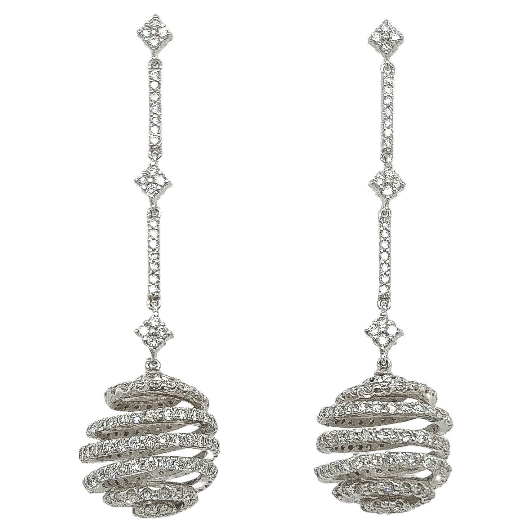 3.92 Carat Round Spiral Dangle Earrings in 18K White Gold For Sale