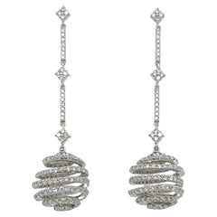 3.92 Carat Round Spiral Dangle Earrings in 18K White Gold