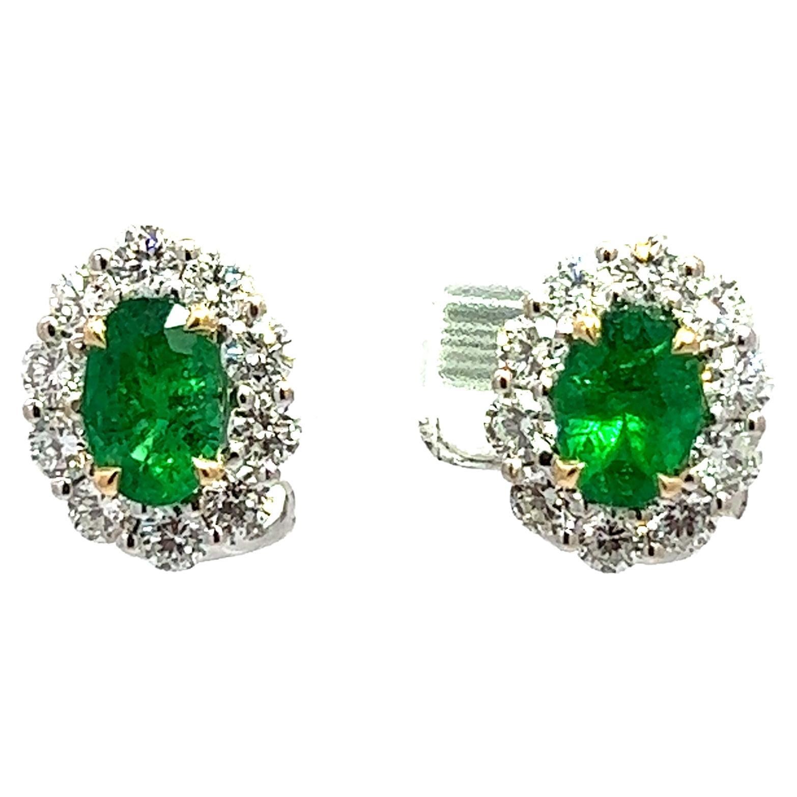 Emerald and Diamond Halo Earrings in 18KW Gold For Sale