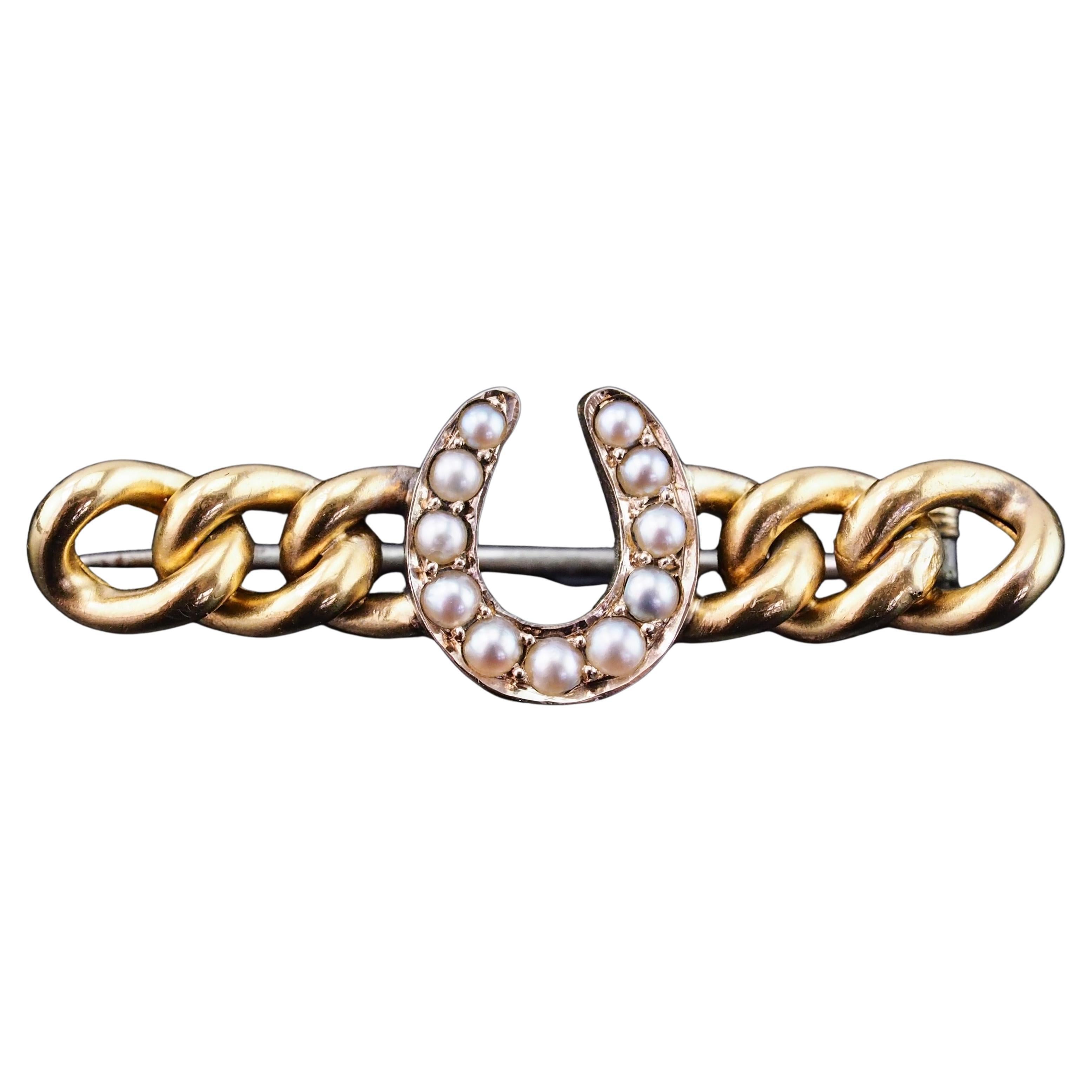 Antike viktorianische Hufeisen-Perlen-Brosche 15K Gold - c.1900 im Angebot
