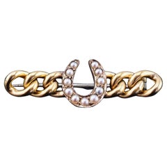 Antike viktorianische Hufeisen-Perlen-Brosche 15K Gold - c.1900