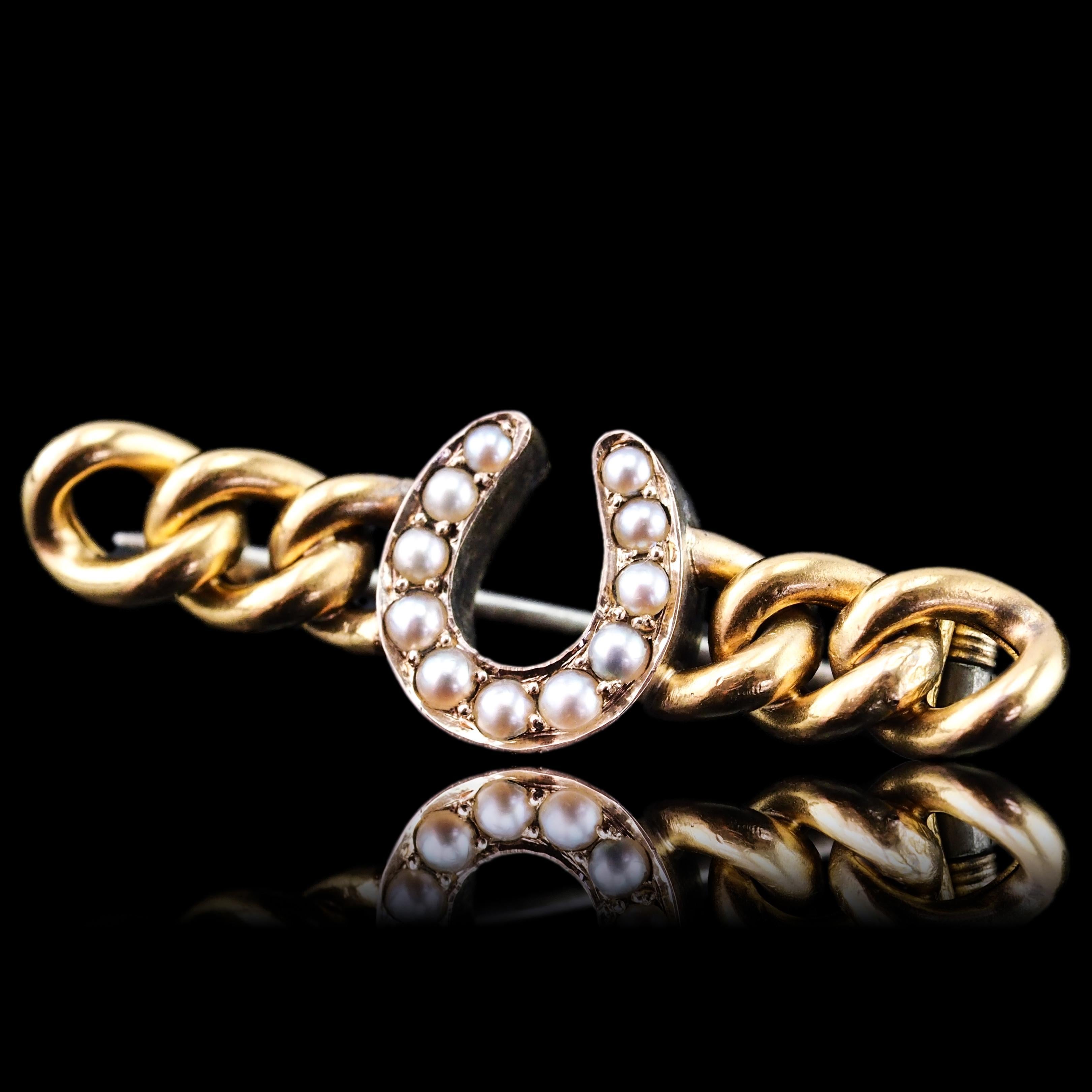 Antike viktorianische Hufeisen-Perlen-Brosche 15K Gold - c.1900 im Angebot 2