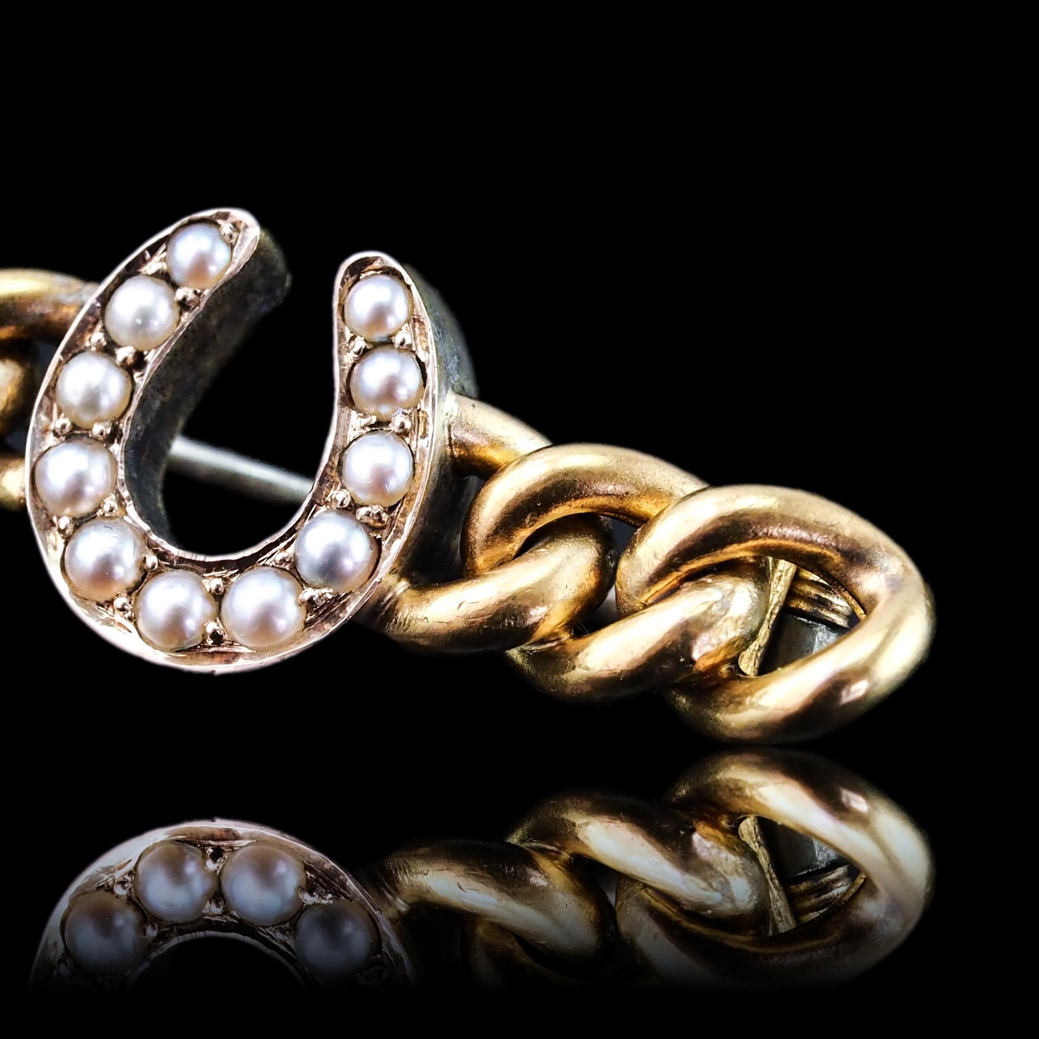 Antike viktorianische Hufeisen-Perlen-Brosche 15K Gold - c.1900 im Angebot 6
