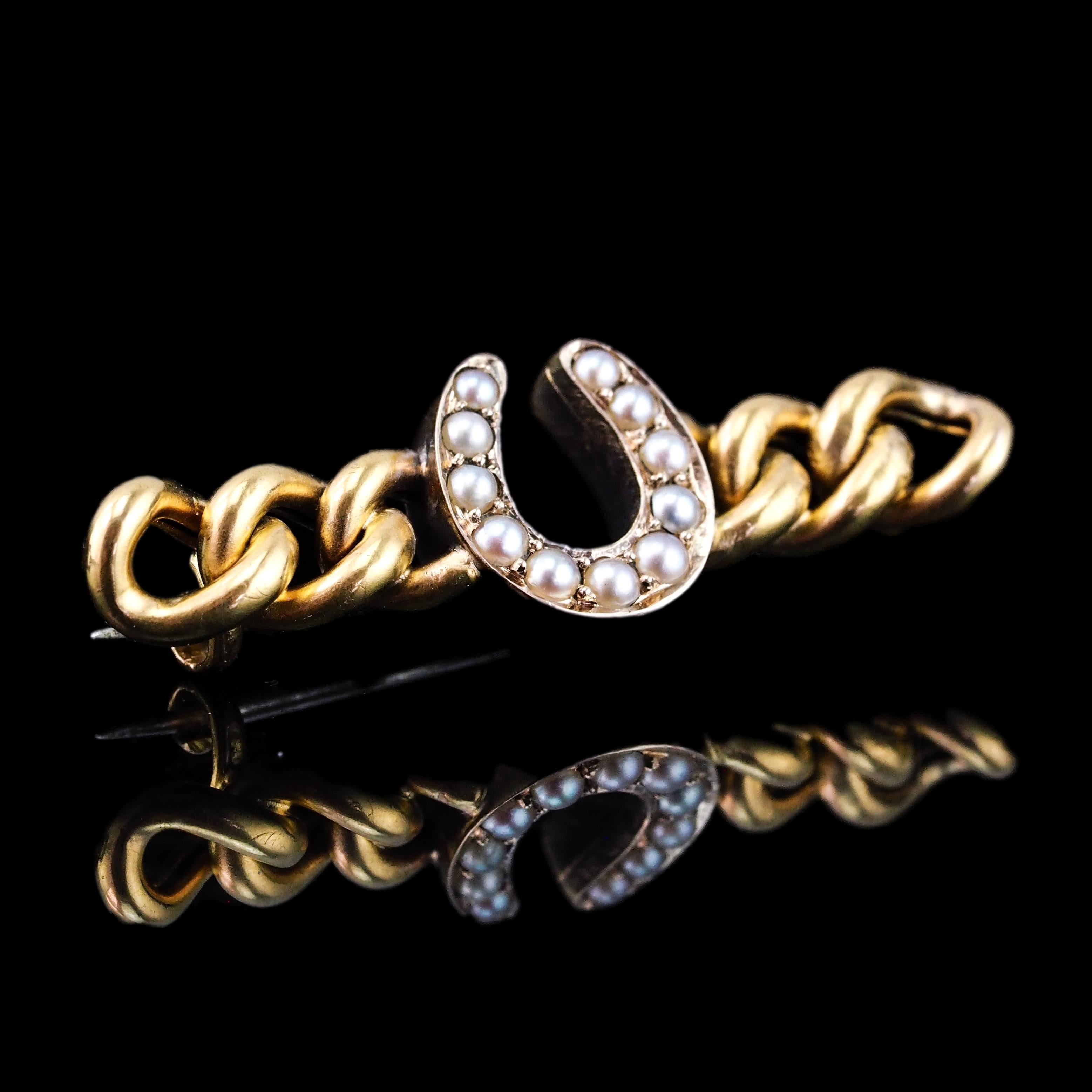 Antike viktorianische Hufeisen-Perlen-Brosche 15K Gold - c.1900 im Angebot 9