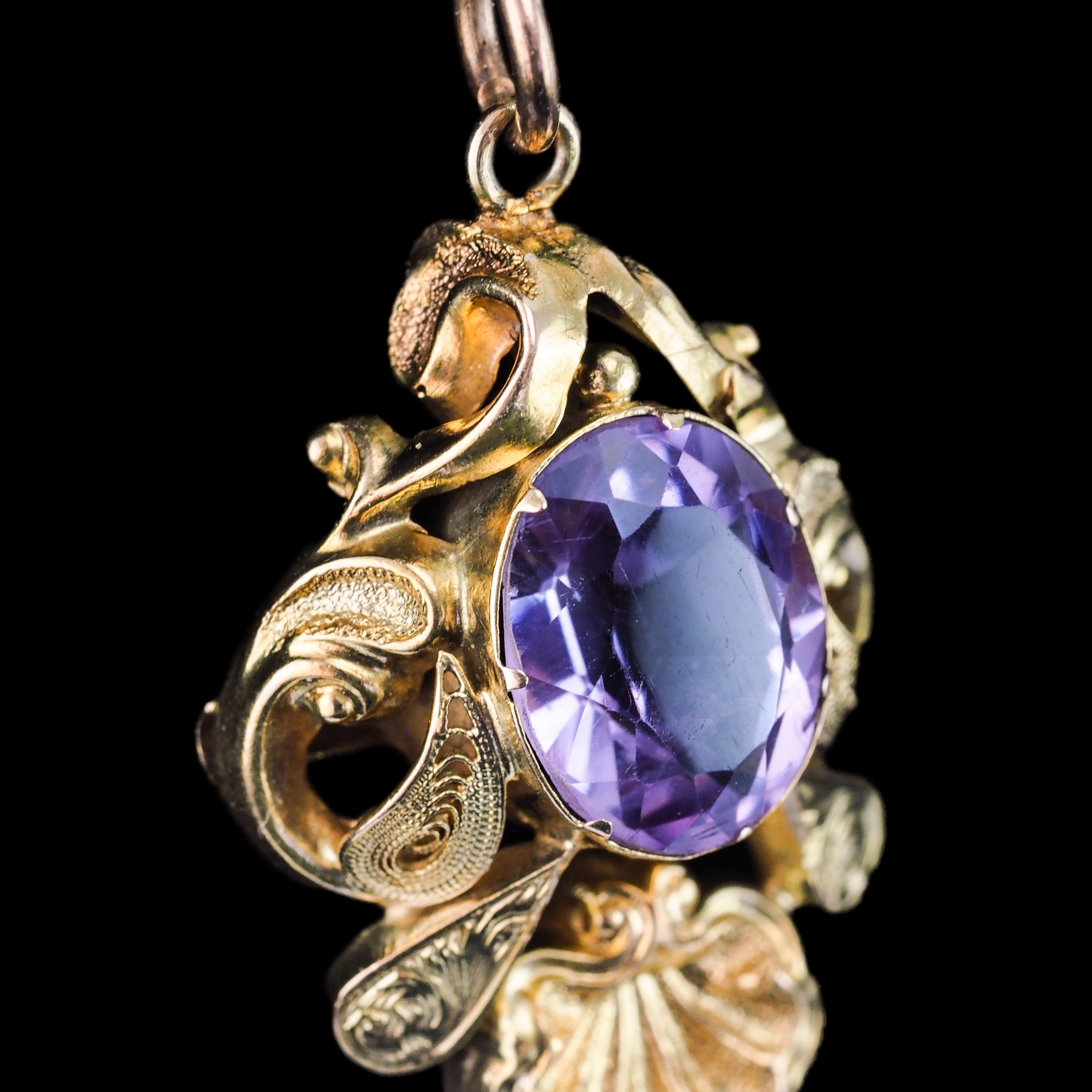 Vittoriano Antica collana vittoriana con ciondolo di ametista in oro 14K - XIX sec. in vendita