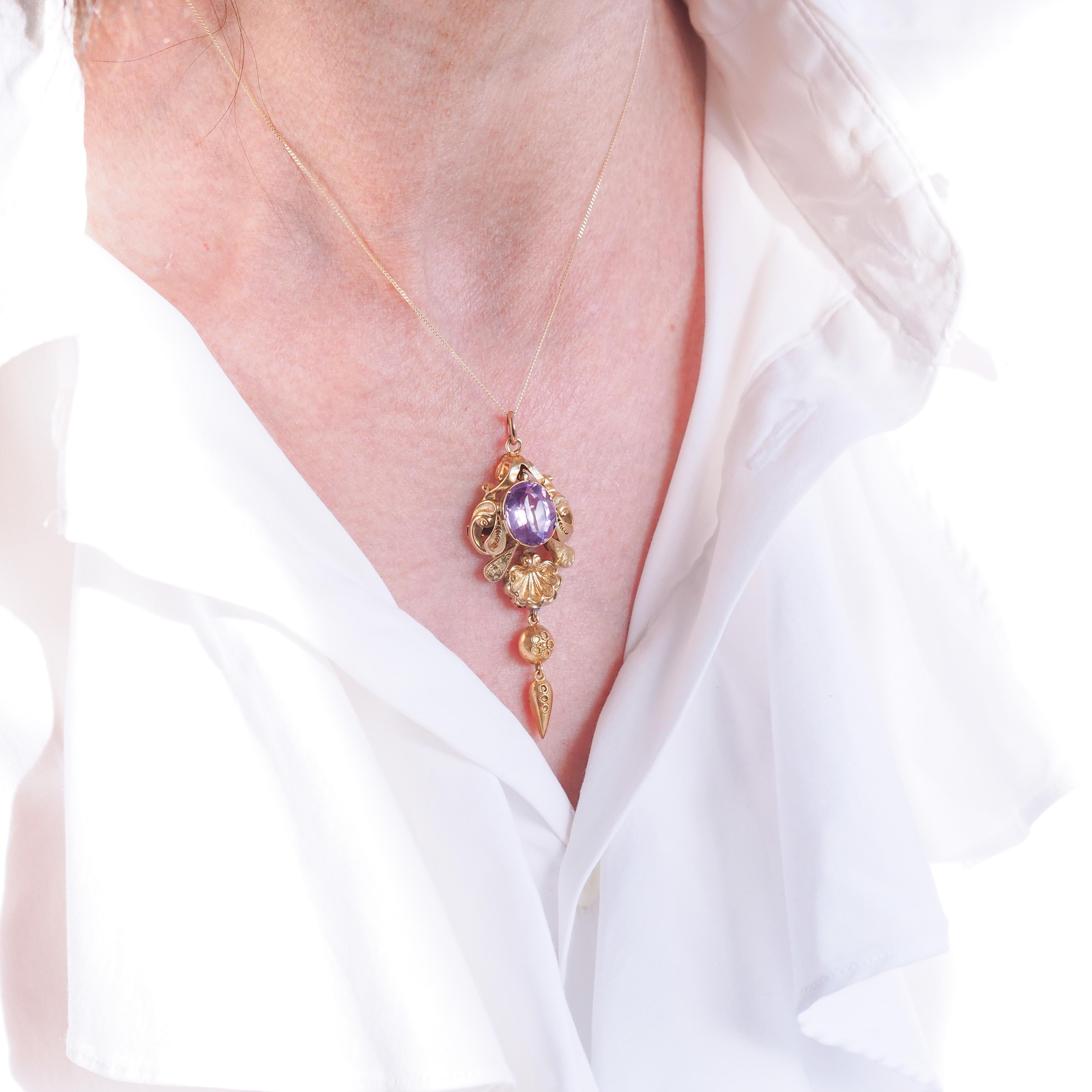 Donna Antica collana vittoriana con ciondolo di ametista in oro 14K - XIX sec. in vendita