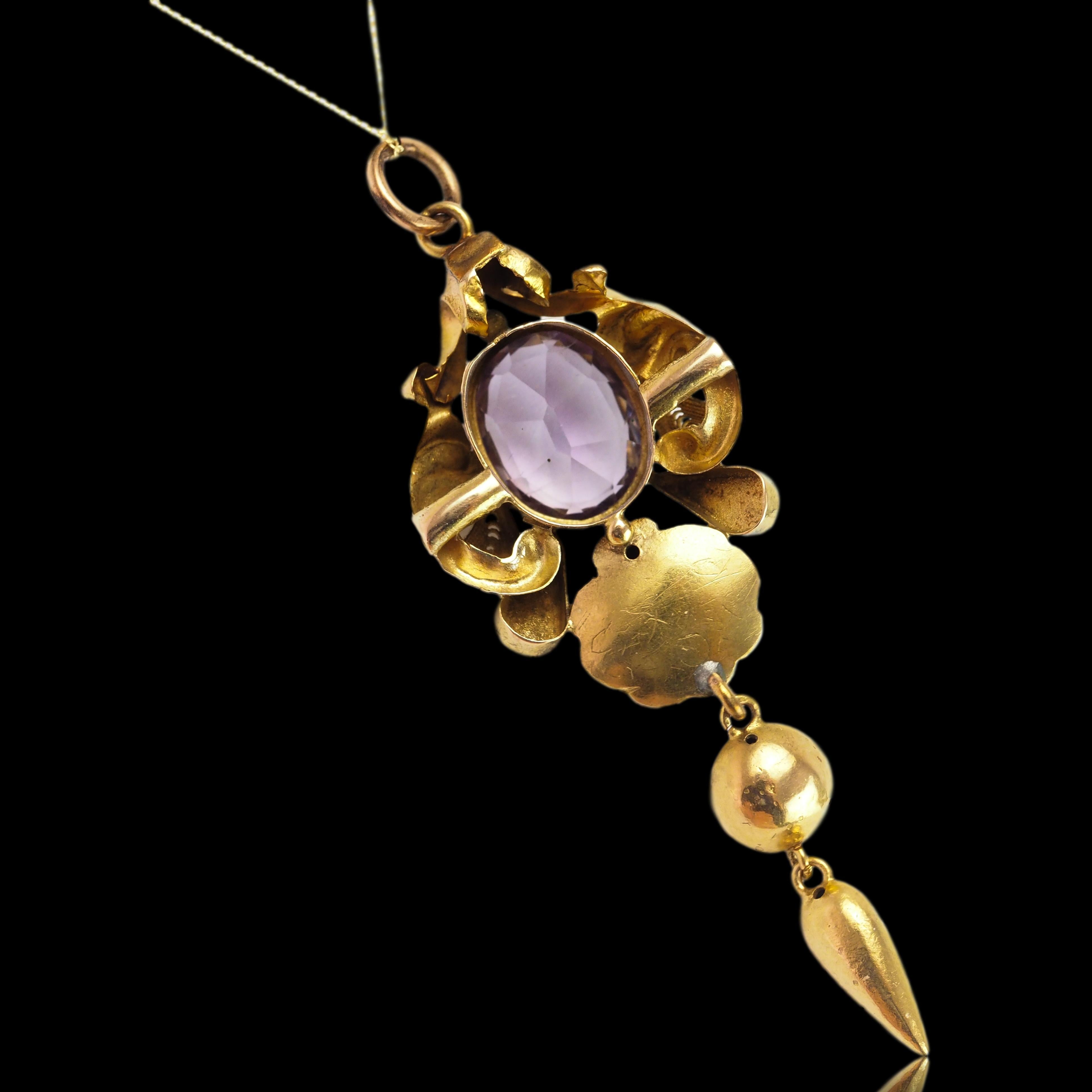 Antica collana vittoriana con ciondolo di ametista in oro 14K - XIX sec. in vendita 4