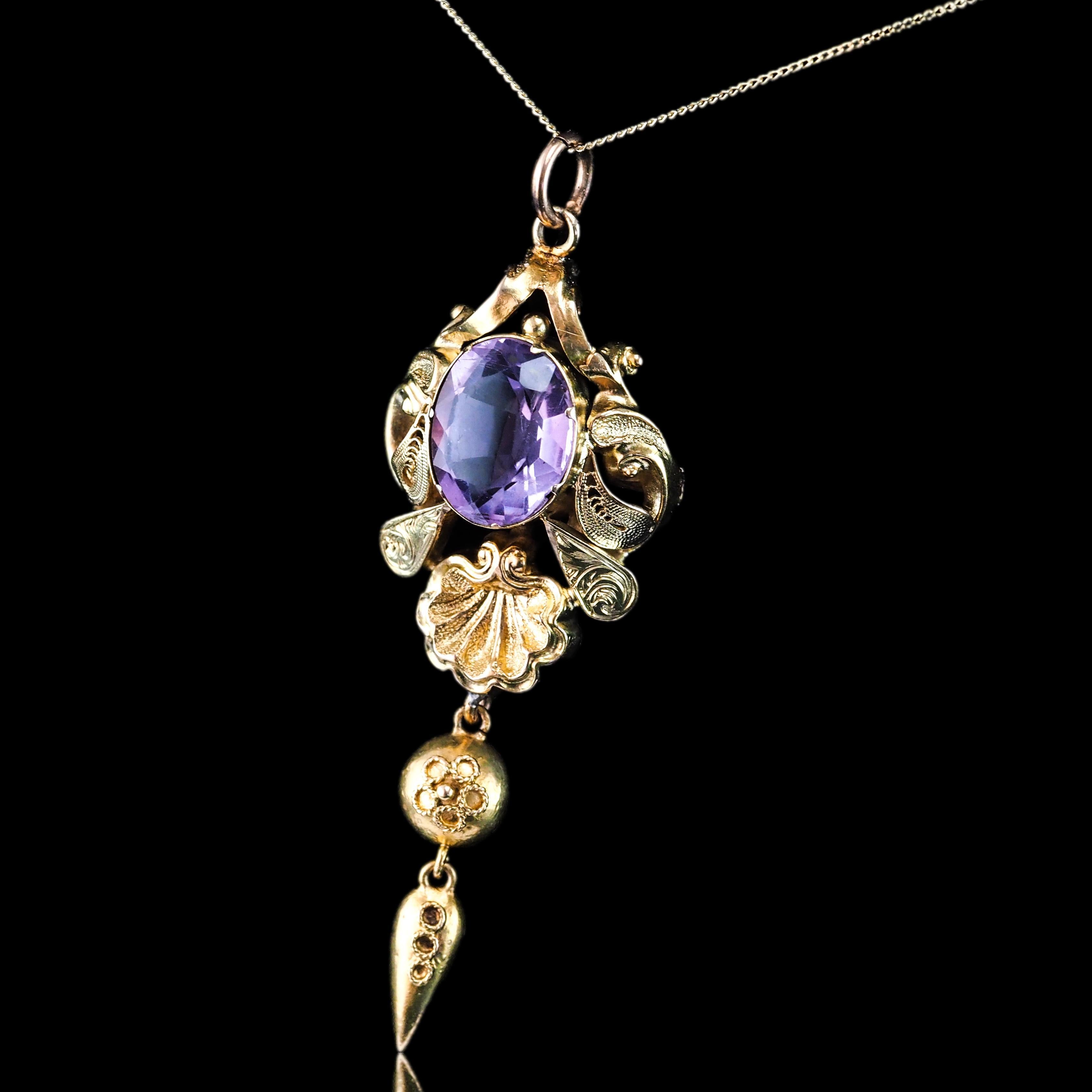 Antica collana vittoriana con ciondolo di ametista in oro 14K - XIX sec. in vendita 1