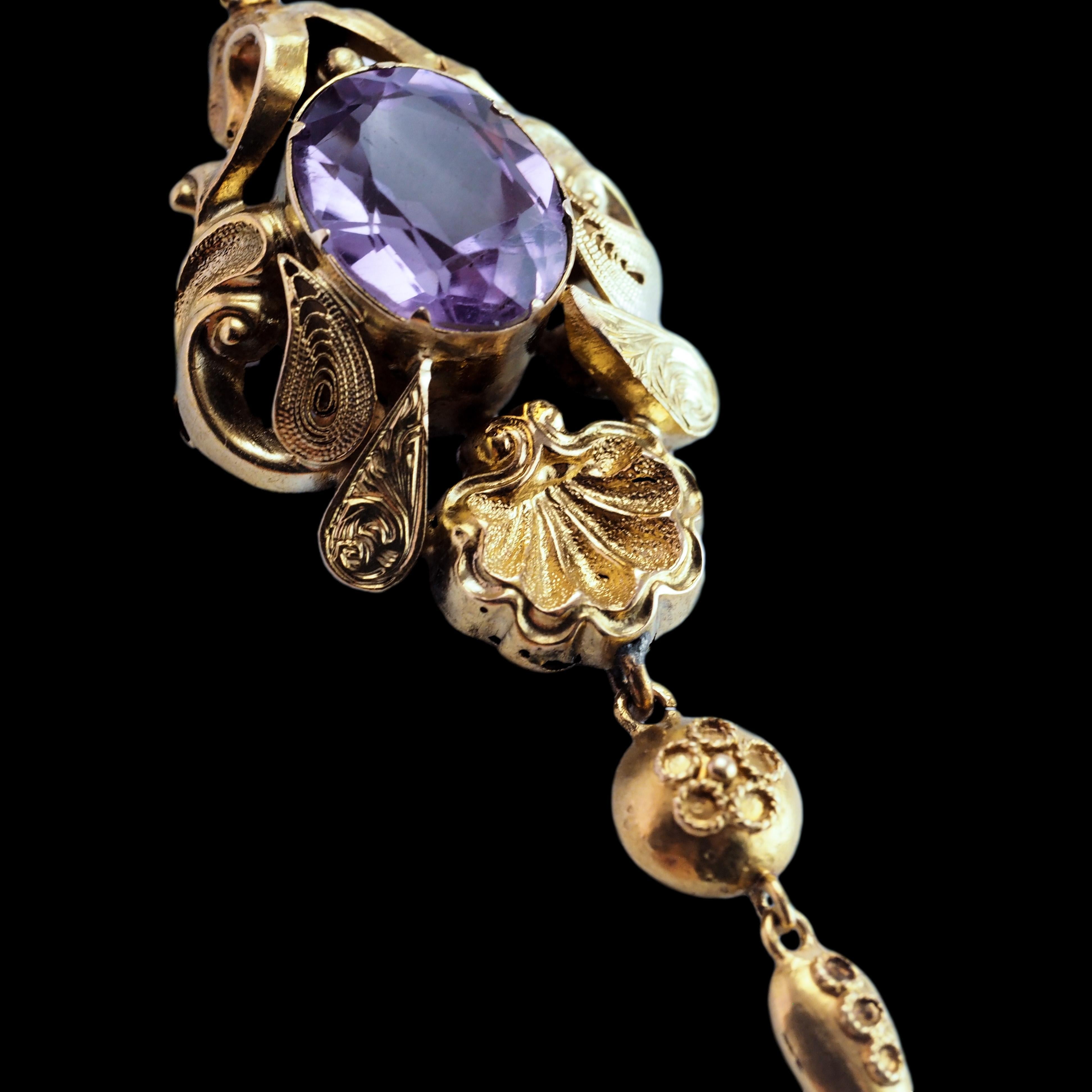 Antica collana vittoriana con ciondolo di ametista in oro 14K - XIX sec. in vendita 5