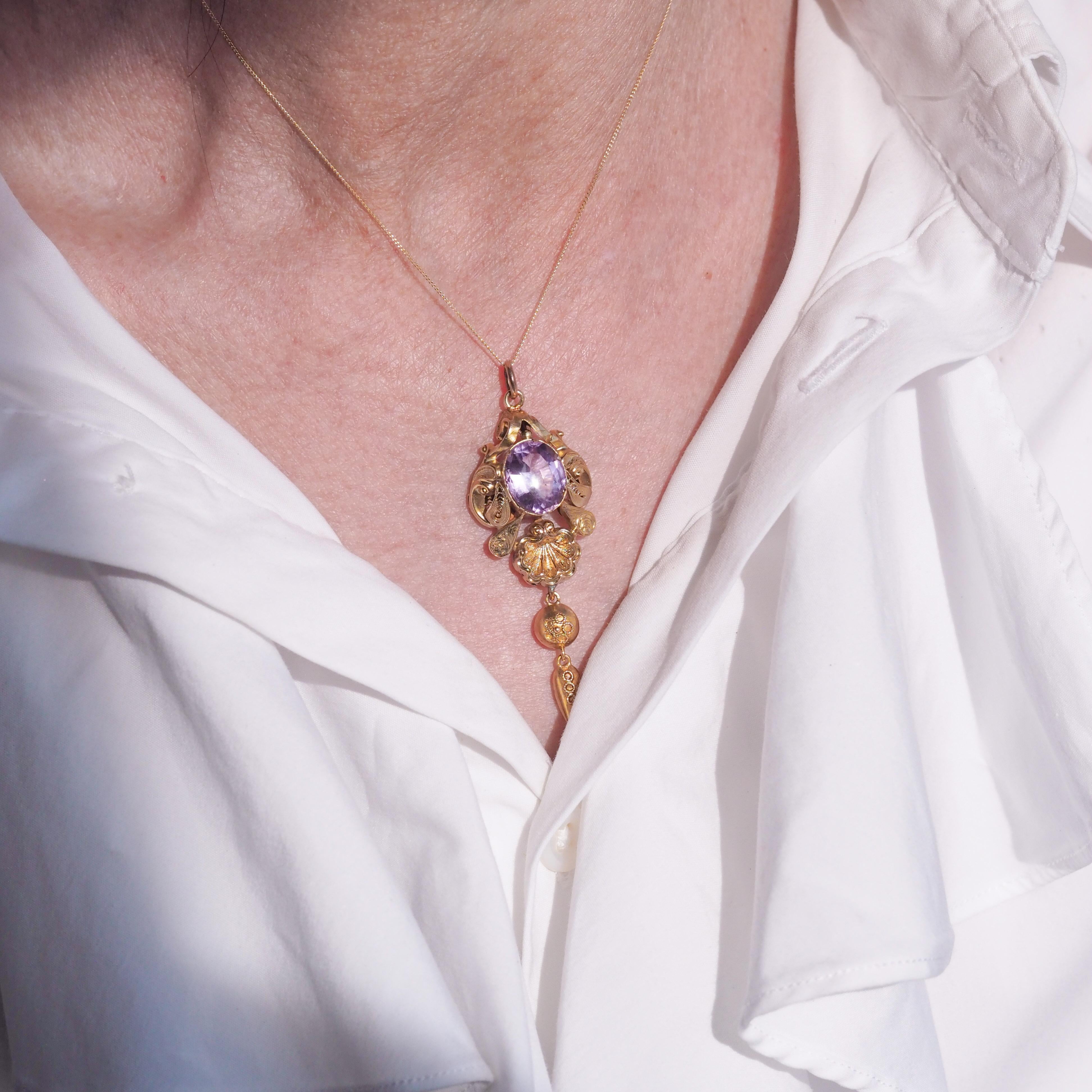 Antica collana vittoriana con ciondolo di ametista in oro 14K - XIX sec. in vendita 3