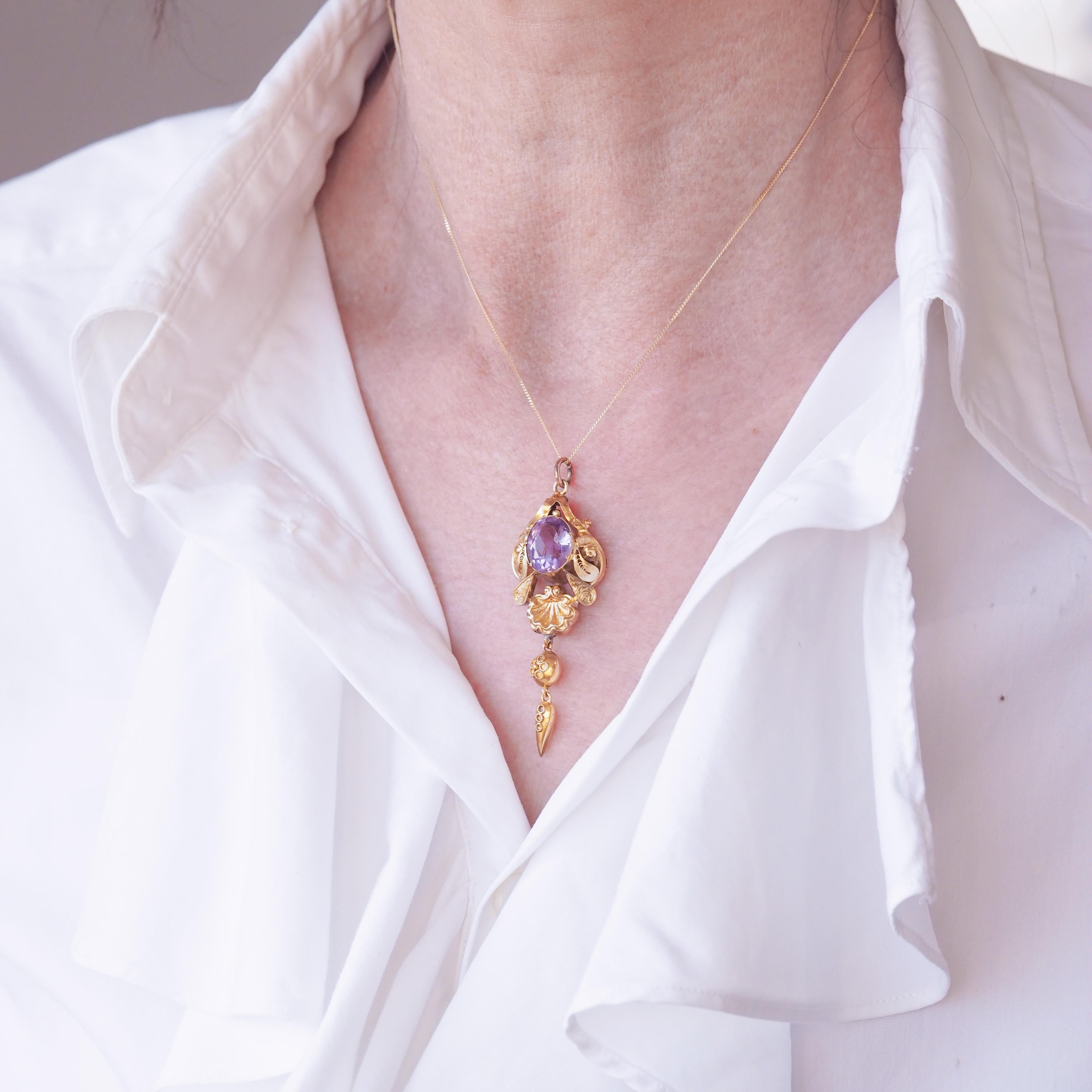 Antica collana vittoriana con ciondolo di ametista in oro 14K - XIX sec. in vendita 6