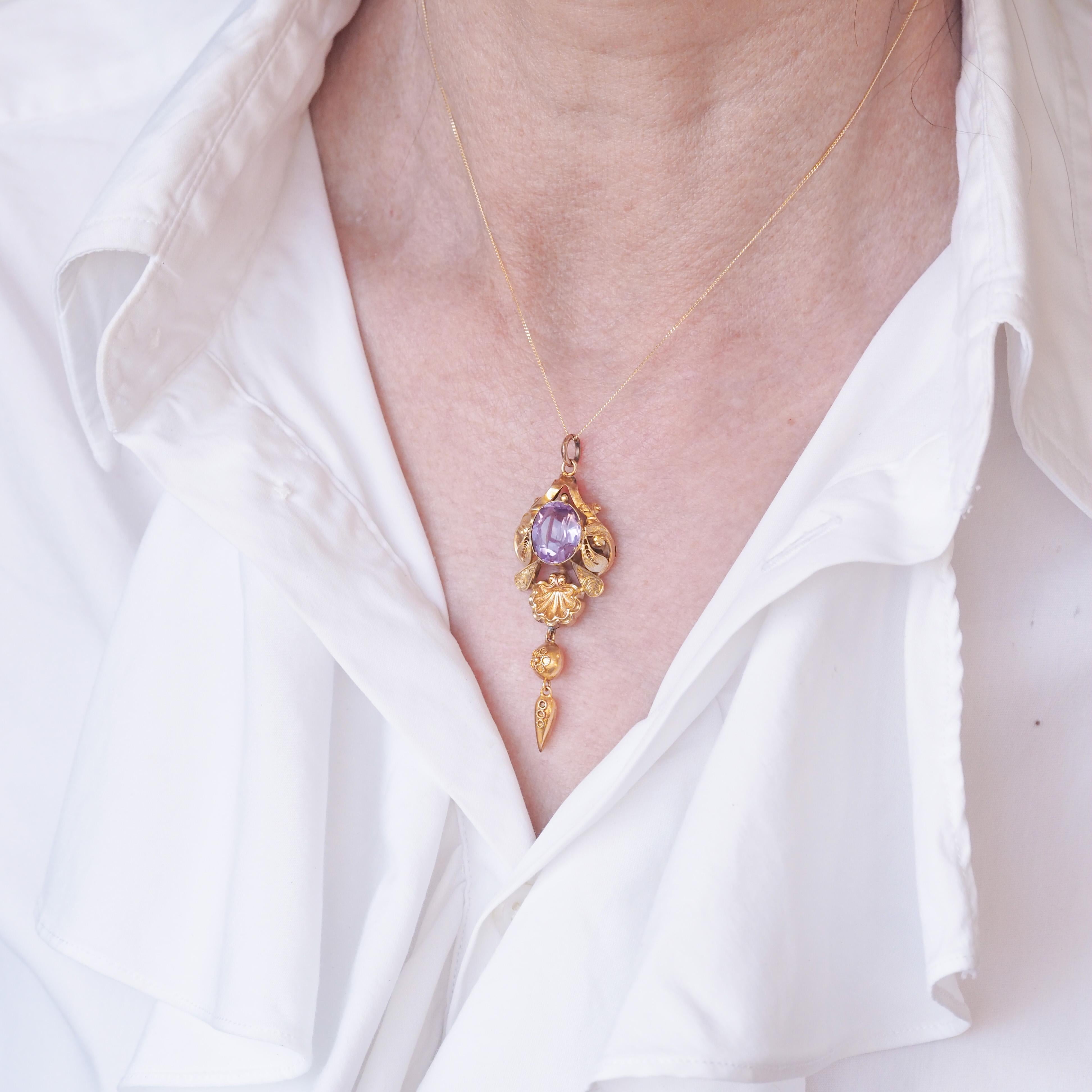 Antica collana vittoriana con ciondolo di ametista in oro 14K - XIX sec. in vendita 7