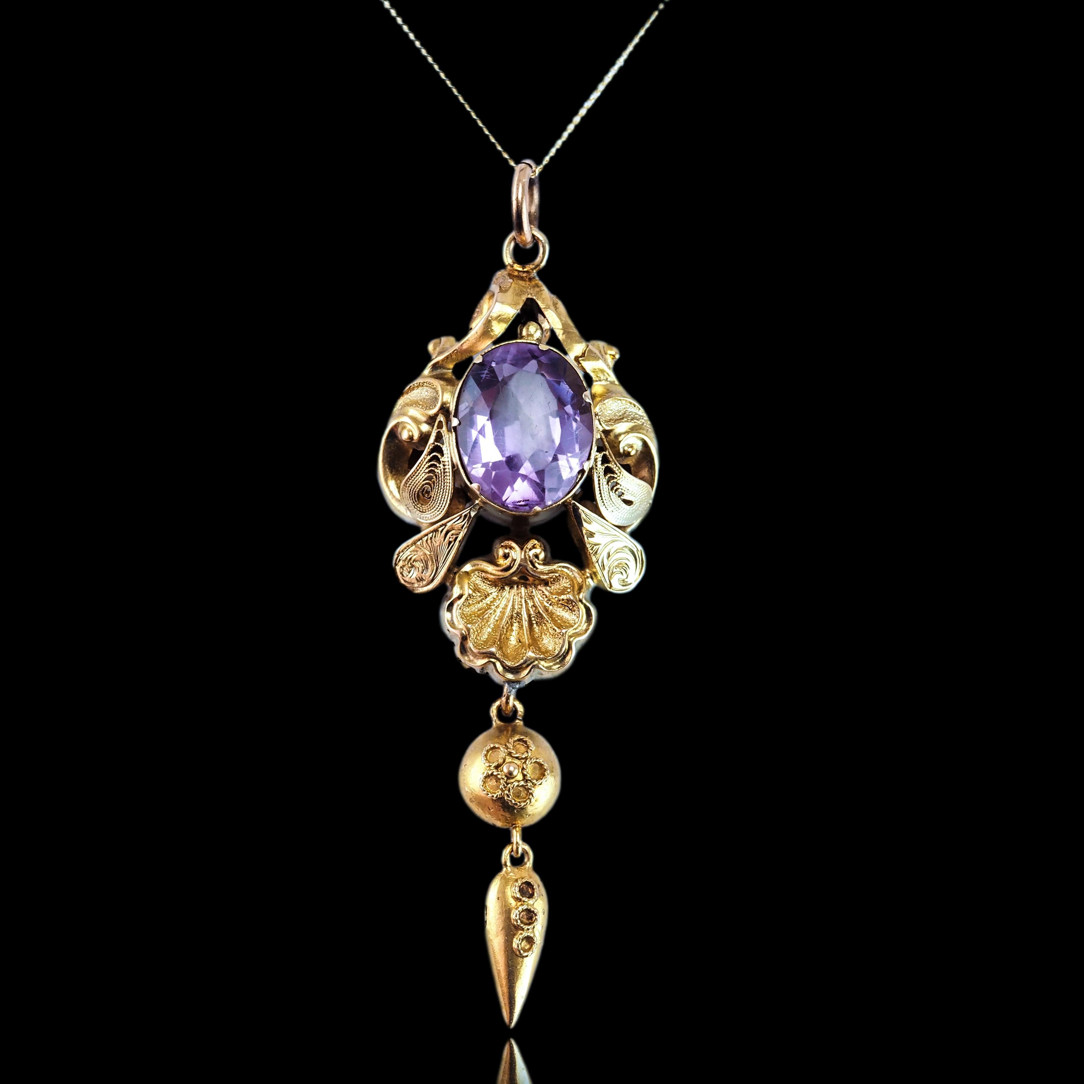 Antica collana vittoriana con ciondolo di ametista in oro 14K - XIX sec. in vendita 8
