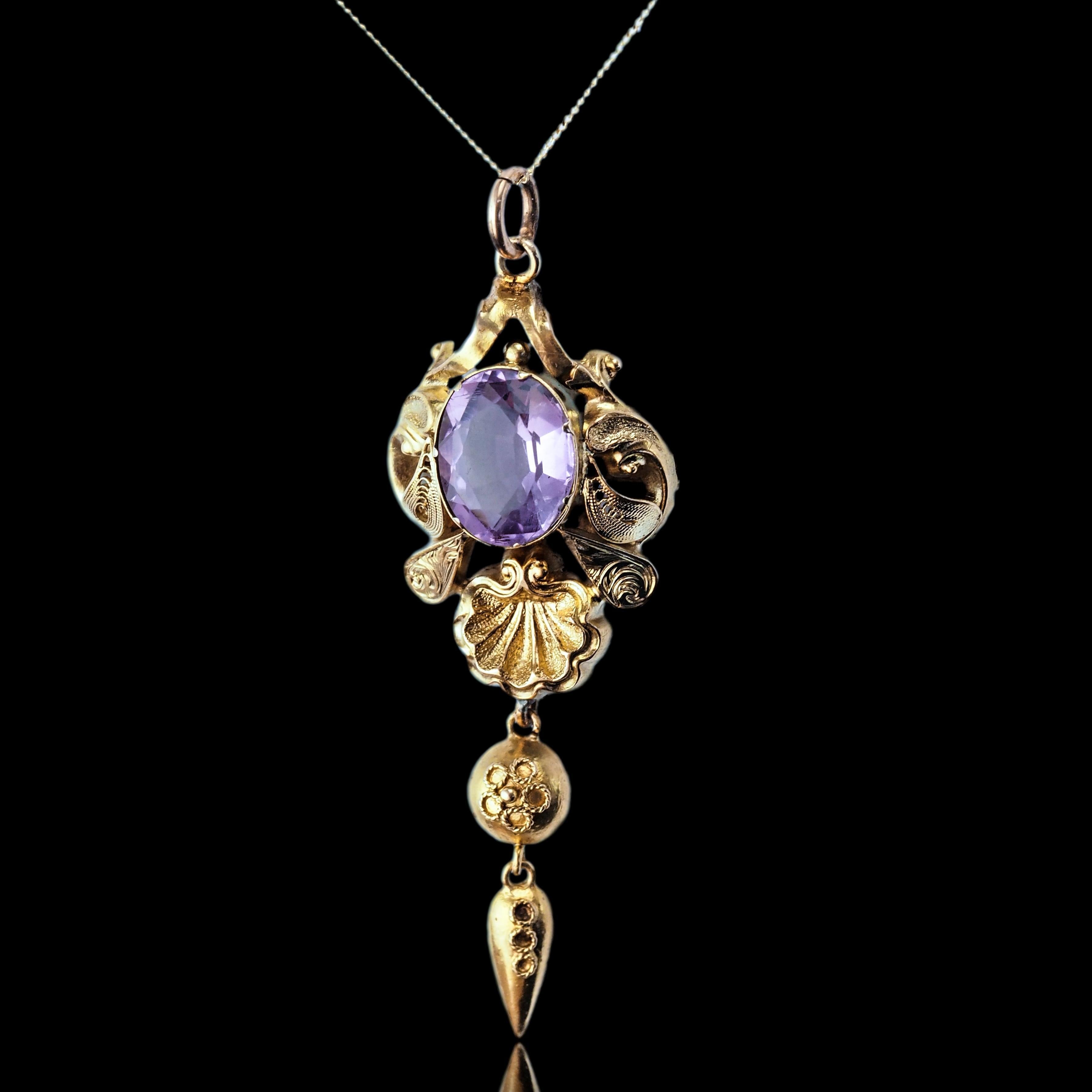 Antica collana vittoriana con ciondolo di ametista in oro 14K - XIX sec. in vendita 9