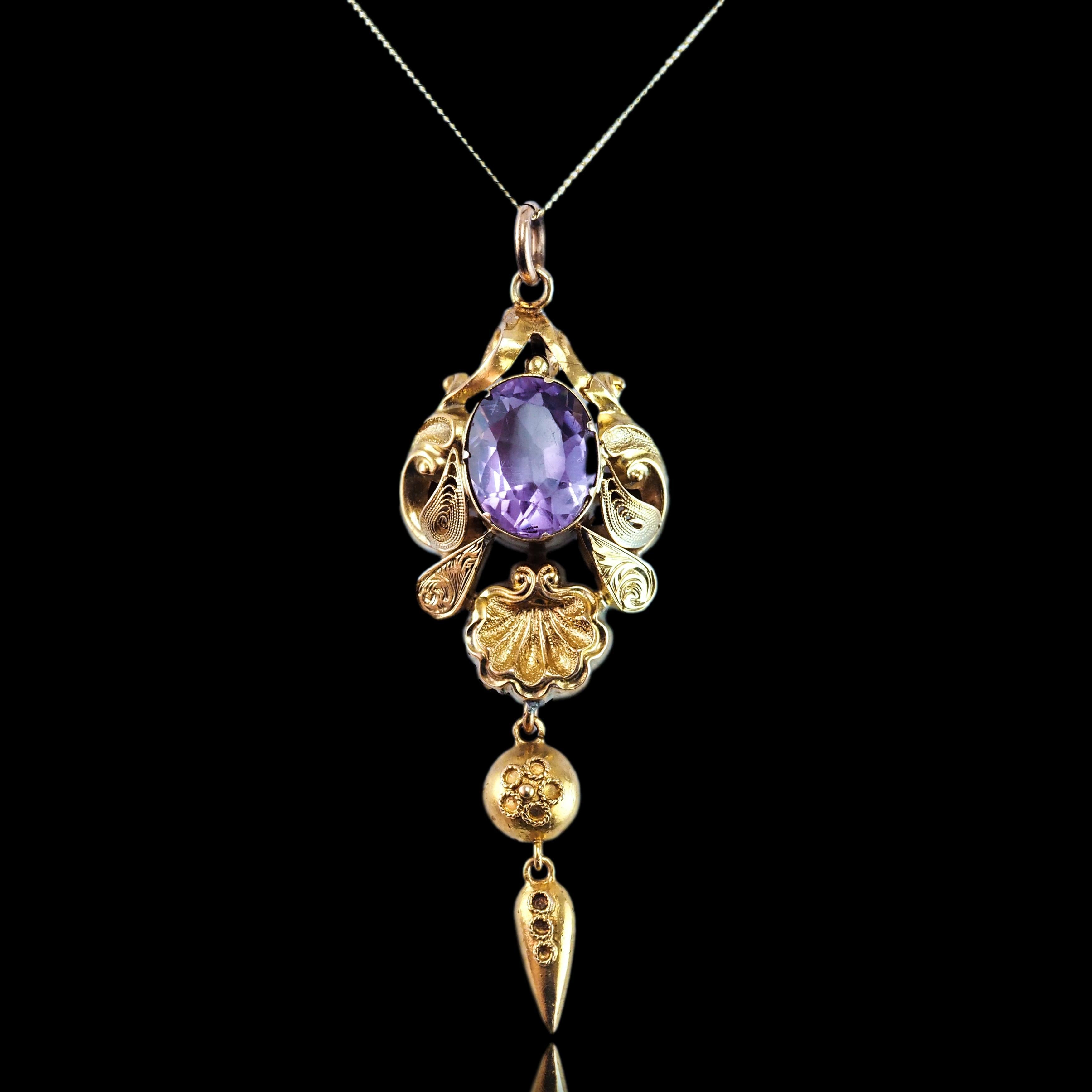 Antica collana vittoriana con ciondolo di ametista in oro 14K - XIX sec. in vendita 11