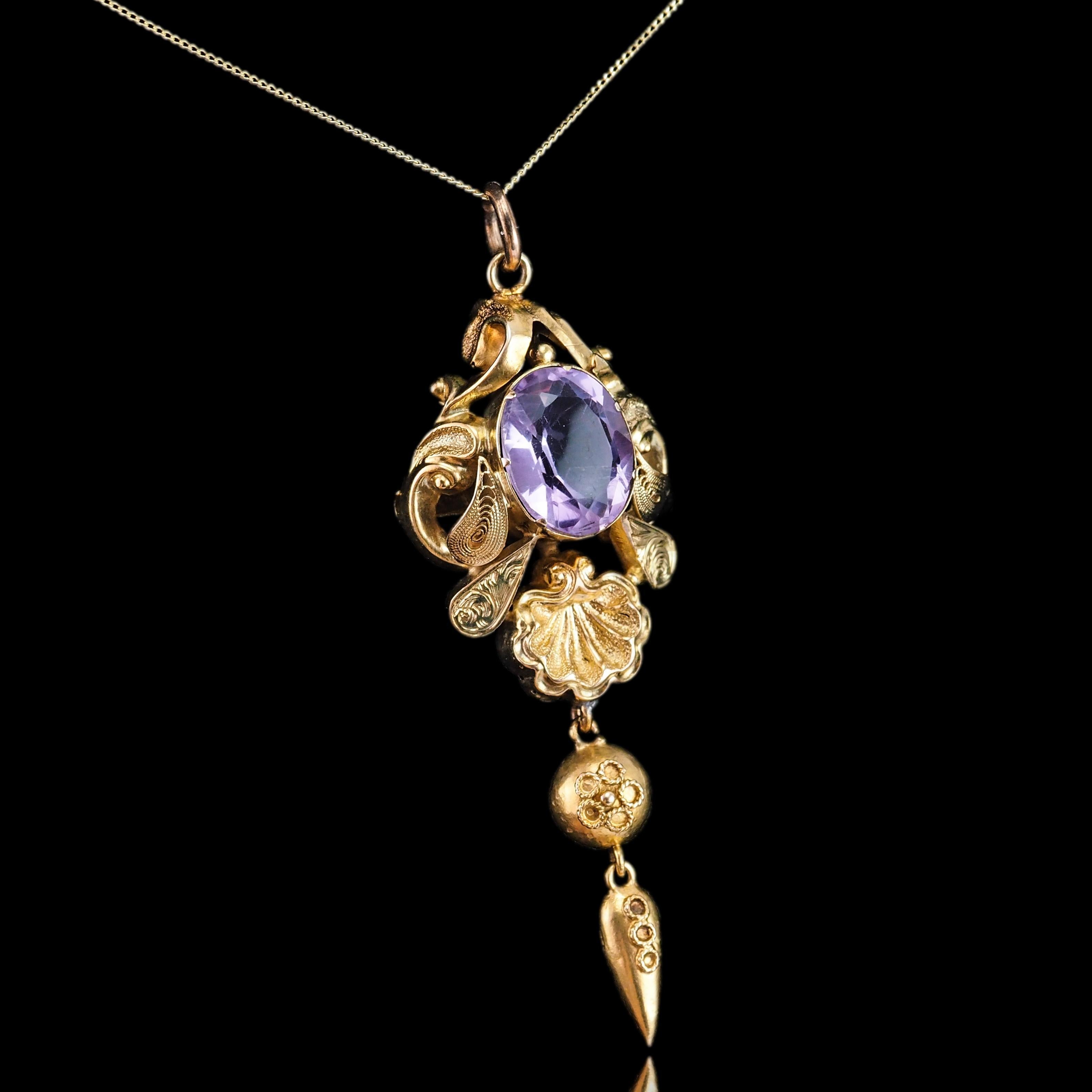 Antica collana vittoriana con ciondolo di ametista in oro 14K - XIX sec. in vendita 13