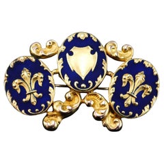 Antique Blue Enamel Fleur de Lys Brooch 18K Gold Triple Cartouche Design 19th c.