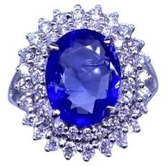 AIG Certified  Unheated 3.65  Carat Ceylon Sapphire Diamonds 18k Gold Ring