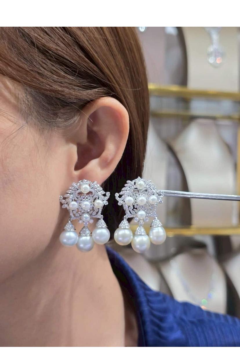 GIT Zertifizierte Südseeperlen 4,00 Karat Diamanten 18k Gold Ohrringe Damen im Angebot