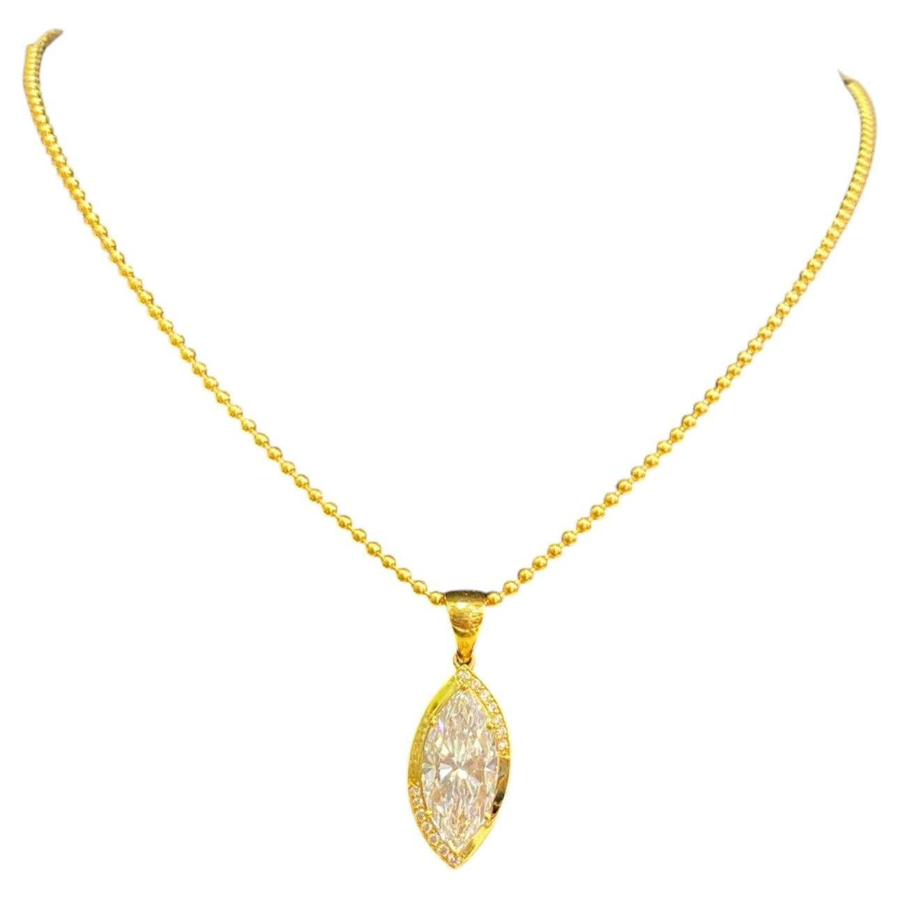 Collana con diamanti a forma di marquise e rotondi da 2,10 carati, certificata GIA, in oro giallo 18 carati