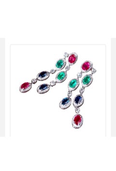 6.00 Ct Sapphires Emeralds Rubies 2.20 Ct Diamonds 18k Gold Earrings