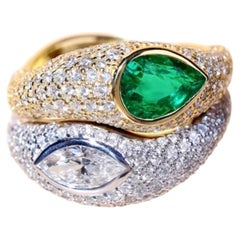 Double Cocktail Ring with Zambian Emerald & Diamonds 18k Gold