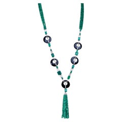 45 Carats Zambian Emeralds & 2.80 Ct Diamonds 18k Gold Art Deco Necklace