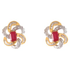 Classy 3.40 Cts Round Baguette F/VS1 Diamonds Ruby Stud Earrings 14K Yellow Gold