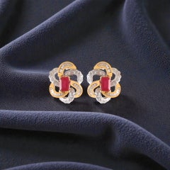 Classy 3.40 Cts Round Baguette F/VS1 Diamonds Ruby Stud Earrings 14K Yellow Gold