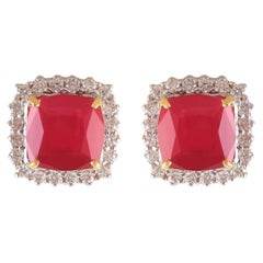Superbes boucles d'oreilles à clous en or 14 carats, ornées de diamants ronds taille brillant de 7,10 carats, de qualité F/VS1, et de rubis