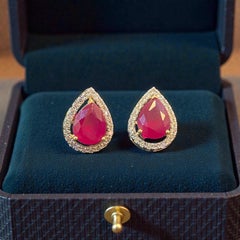 Pave 4.17 Cts Round Brilliant F/VS1 Diamonds Ruby Stud Earrings In Fine 18K Gold