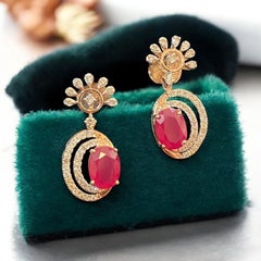 Pave 3.09 Cts Round Brilliant F/VS1 Diamonds Ruby Dangle Earrings 14K Rose Gold