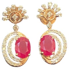 Pave 3.09 Cts Round Brilliant F/VS1 Diamonds Ruby Dangle Earrings 14K Rose Gold