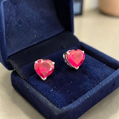 Stunning 5 Carats Heart Shaped Natural Ruby Stud Earrings In Fine 14K White Gold