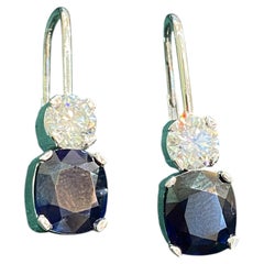 GIA Certified 9 Cts Round F/VS1 Diamonds Blue Sapphire Drop Earrings In 18K Gold