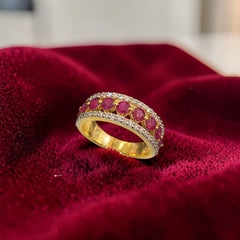Pave 2.15 Cts Round Brilliant F/VS1 Diamonds Ruby Band Ring In 14K Yellow Gold