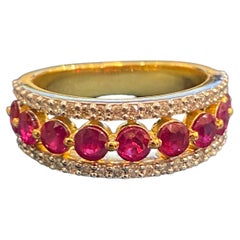 Pave 2.15 Cts Round Brilliant F/VS1 Diamonds Ruby Band Ring In 14K Yellow Gold