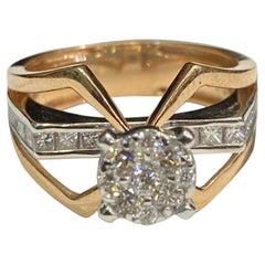 Pave 0.86 Cts Round Princess Shape F/VS1 Diamonds Wide Ring 14K Multi-Tone Gold