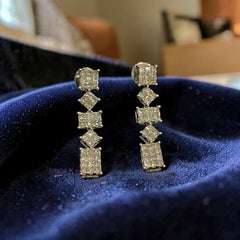 Pave 3.05 Cts Princess Cut F/VS1 Diamonds Invisible Set Dangle Earrings 14K Gold