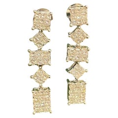 Pave 3.05 Cts Princess Cut F/VS1 Diamonds Invisible Set Dangle Earrings 14K Gold