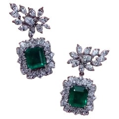 7.00 Cts Zambian Emeralds & 7.00 Cts Mixed Shape Diamonds 18K Gold Earrings