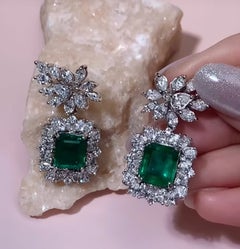 7.00 Cts Zambian Emeralds & 7.00 Cts Mixed Shape Diamonds 18K Gold Earrings