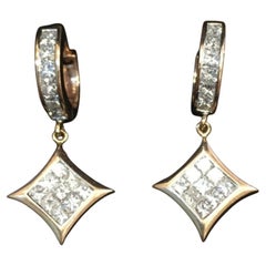 Pave 2.18 Cts Princess Cut F/VS1 Diamonds Invisible-Set Dangle Earrings 14K Gold