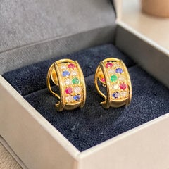 1.10 Carats Round F/VS1 Diamonds Ruby Sapphire Emerald Huggie Earrings 18K Gold