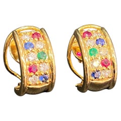 1.10 Carats Round F/VS1 Diamonds Ruby Sapphire Emerald Huggie Earrings 18K Gold