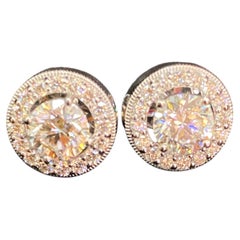 GIA Certified 2 Cts Round Brilliant F/VS1 Diamonds Halo Stud Earrings 18K Gold