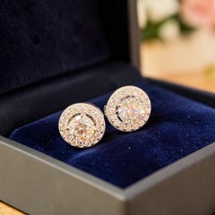 GIA Certified 2 Cts Round Brilliant F/VS1 Diamonds Halo Stud Earrings 18K Gold