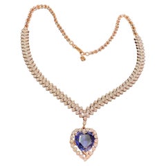 14.99 Cts Round Brilliant F/VS1 Diamonds Blue Sapphire Necklace In 14K Rose Gold